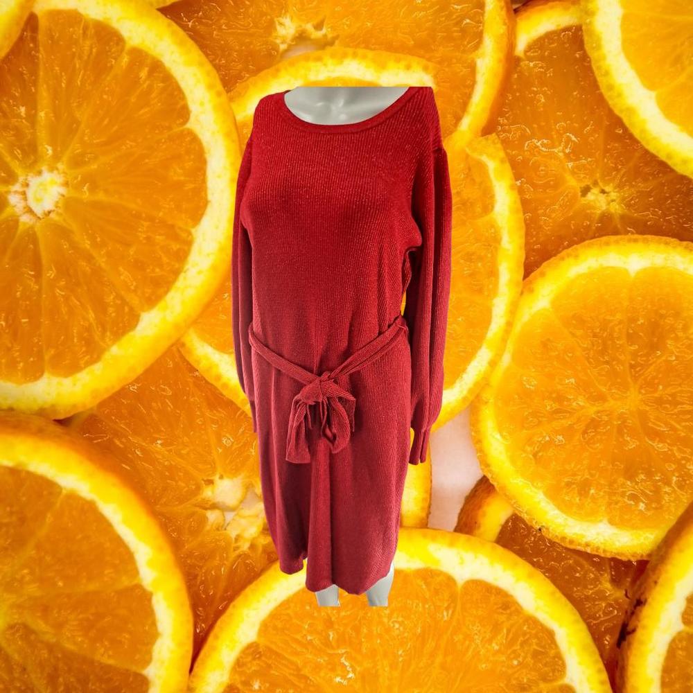 Calvin Klein Red Long Sleeve Ribbed Sweater Dress‎ with Belt Size Medium